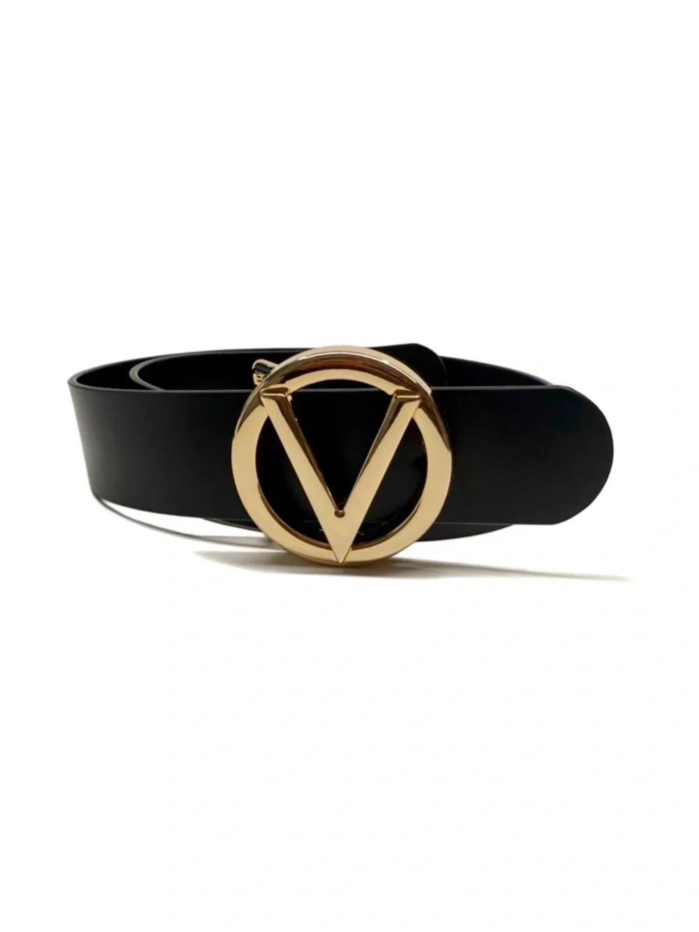 Valentino Gold V Logo Black Leather Belt NWT